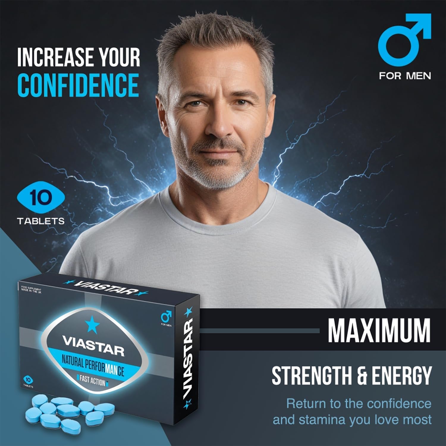 Viastar | 10 Tablets | 100% Strong and Natural, Exclusively for Men, Easy to Swallow Pills, Manufactured in the UK.
