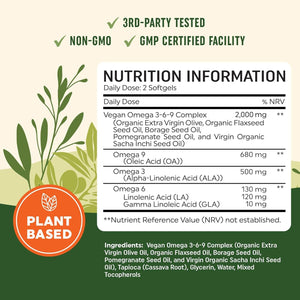 Vegan Omega 3 6 9 Supplements | 2000MG Plant-Based Triple Omega 369 Blend | Heart, Brain, Skin, and Eye Health Support | Vegan Fish Oil Alternative | Essential Fatty Acids Complex | Non-Gmo | 60 Ct