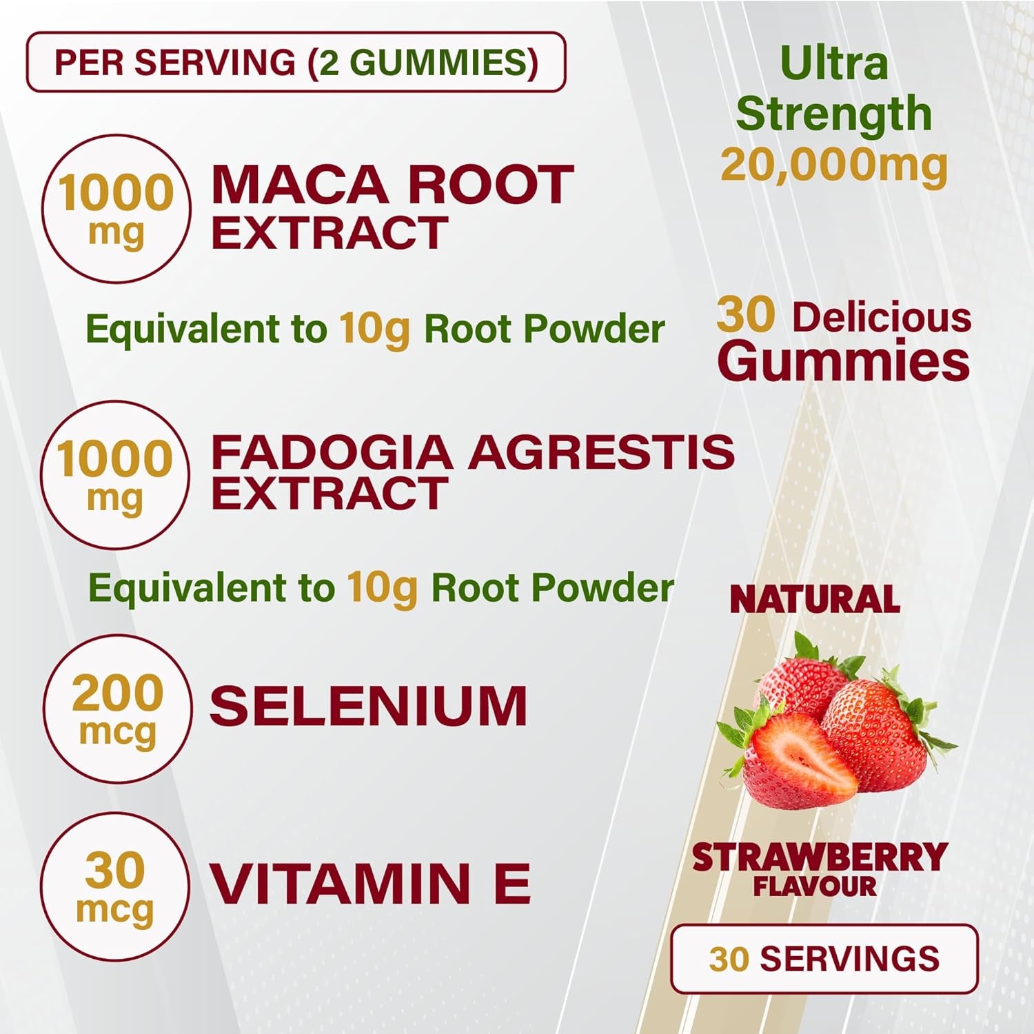 Wellboost Maca MAX -Ultra Strength (6,000Mg Equivalent Extracts) Maca Root, Fadogia Root, Selenium, VIT E, 60 Chewable Gummies for Adults - Strawberry Flavoured, Suitable for Vegans.