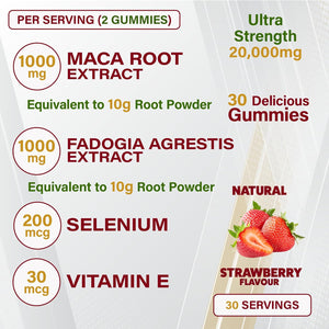 Wellboost Maca MAX -Ultra Strength (6,000Mg Equivalent Extracts) Maca Root, Fadogia Root, Selenium, VIT E, 60 Chewable Gummies for Adults - Strawberry Flavoured, Suitable for Vegans.