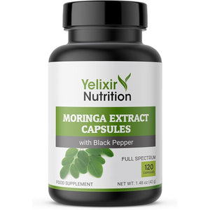 Yelixir Nutrition Moringa Capsules 5450Mg, High Strength Moringa Leaf Extract 120 Veg Capsules with Black Pepper, No Added Fillers like Brown Rice Flour