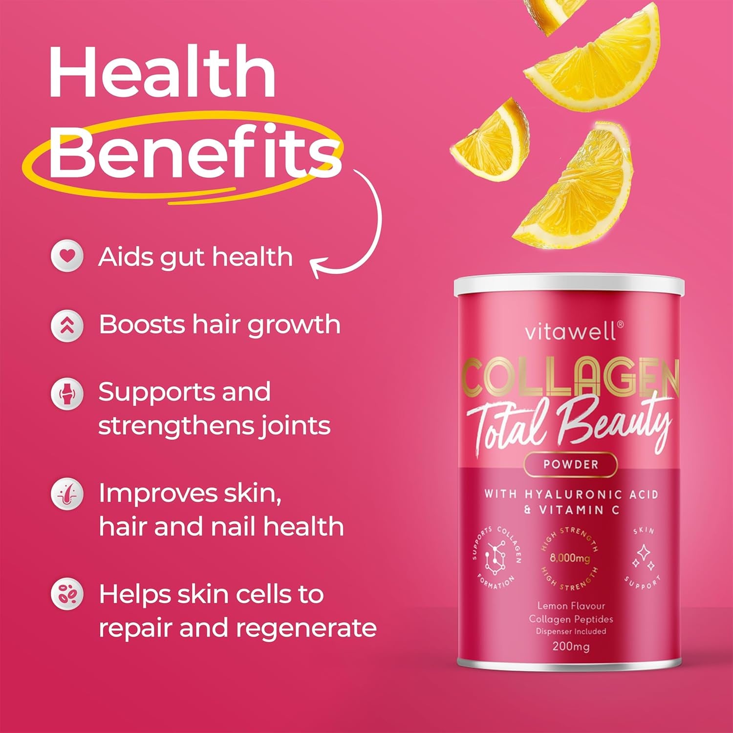 Vitawell Collagen Total Beauty Powder Supplement for Women | 8,000Mg Hydrolysed Collagen Peptides Powder with Vitamin C + Magnesium + Hyaluronic Acid | Non-Gmo 200G (Lemon Flavour)