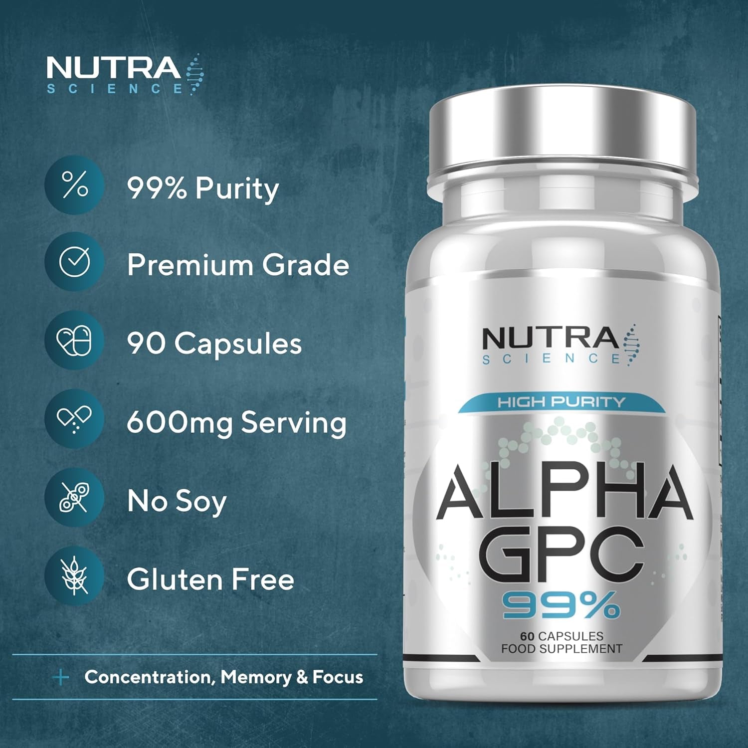 Alpha GPC 99% Concentration | High Purity Alpha GPC Nootropics Brain Support Supplement 600Mg | 60 Vegan Capsules