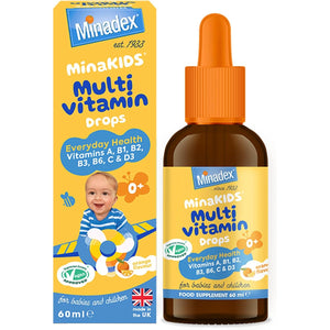 Minadex Minakids Multivitamin Drops – Liquid Vitamins for Children, A, B1, B2, B3, B6, C & D3 (400IU), Vegan, Orange Flavour, 60Ml (2-Month Supply), Made in UK