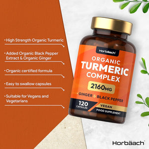 Organic Turmeric and Black Pepper Capsules | 2160Mg | High Strength Curcumin with Ginger | 120 Vegan Capsules | by Horbaach