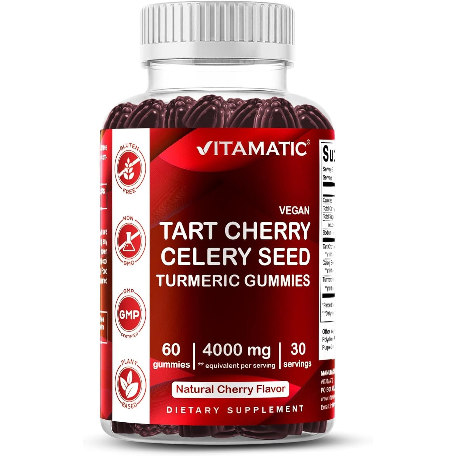 Vitamatic Tart Cherry with Celery Seed Gummies - 4000 Mg Serving - Powerful Uric Acid Cleanse for Joint Comfort, Healthy Sleep Cycles & Muscle Recovery