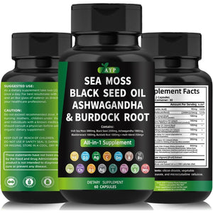 AYP Sea Moss Bladderwrack Black Seed Oil Ashwagandha Burdock Root Capsules Multi Blend Supplement + Multi Vitamin Turmeric Manuka Honey Elderberry Chlorophyll