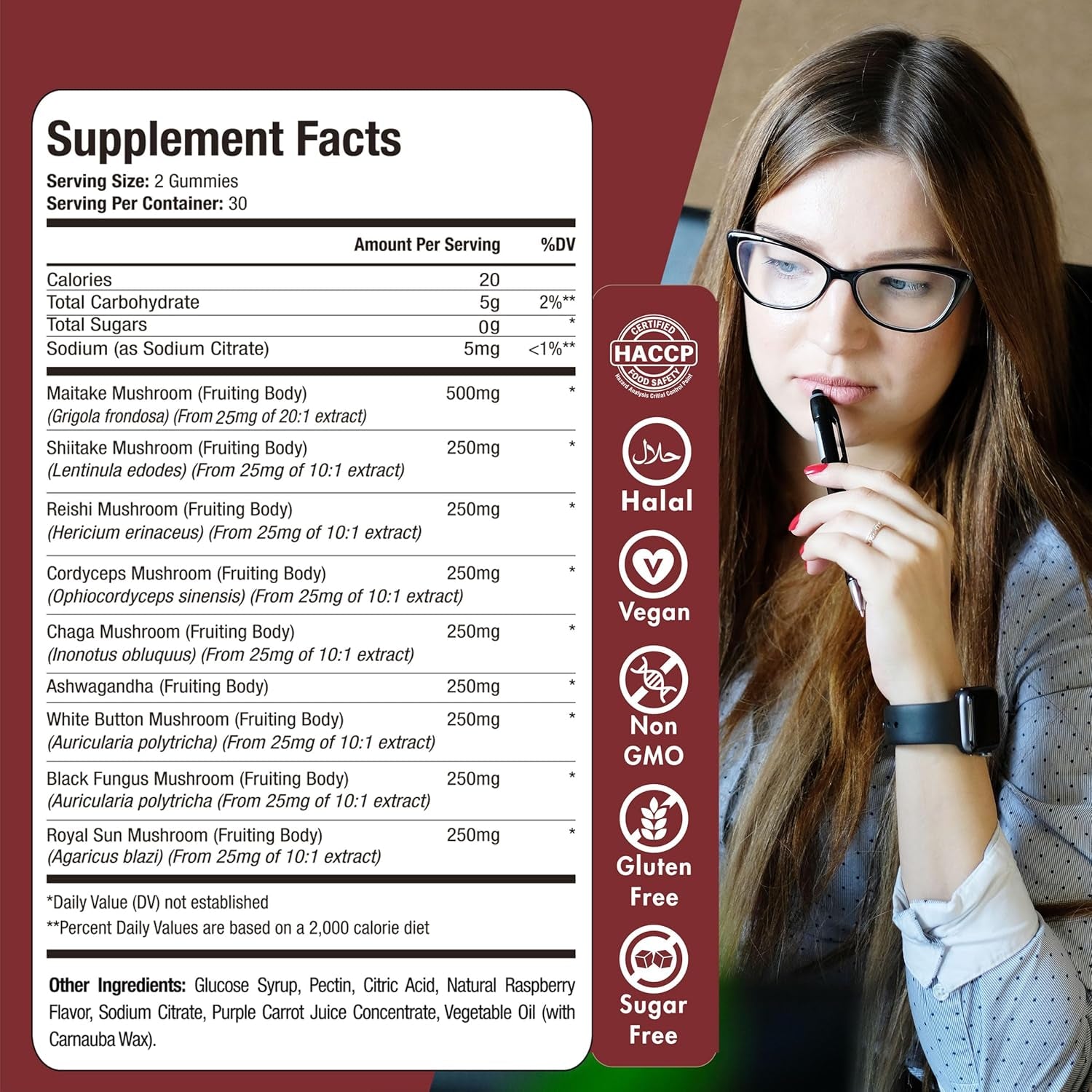 Mushroom Complex Gummies 2500Mg - 8 Brain Health Mushrooms Gummies with Ashwagandha Supplement Promotes Calm Focus Memory Mood Immunity & Energy - 60 Count (Halal, Gluten-Free, Vegan) (1)