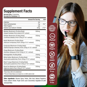 Mushroom Complex Gummies 2500Mg - 8 Brain Health Mushrooms Gummies with Ashwagandha Supplement Promotes Calm Focus Memory Mood Immunity & Energy - 60 Count (Halal, Gluten-Free, Vegan) (1)