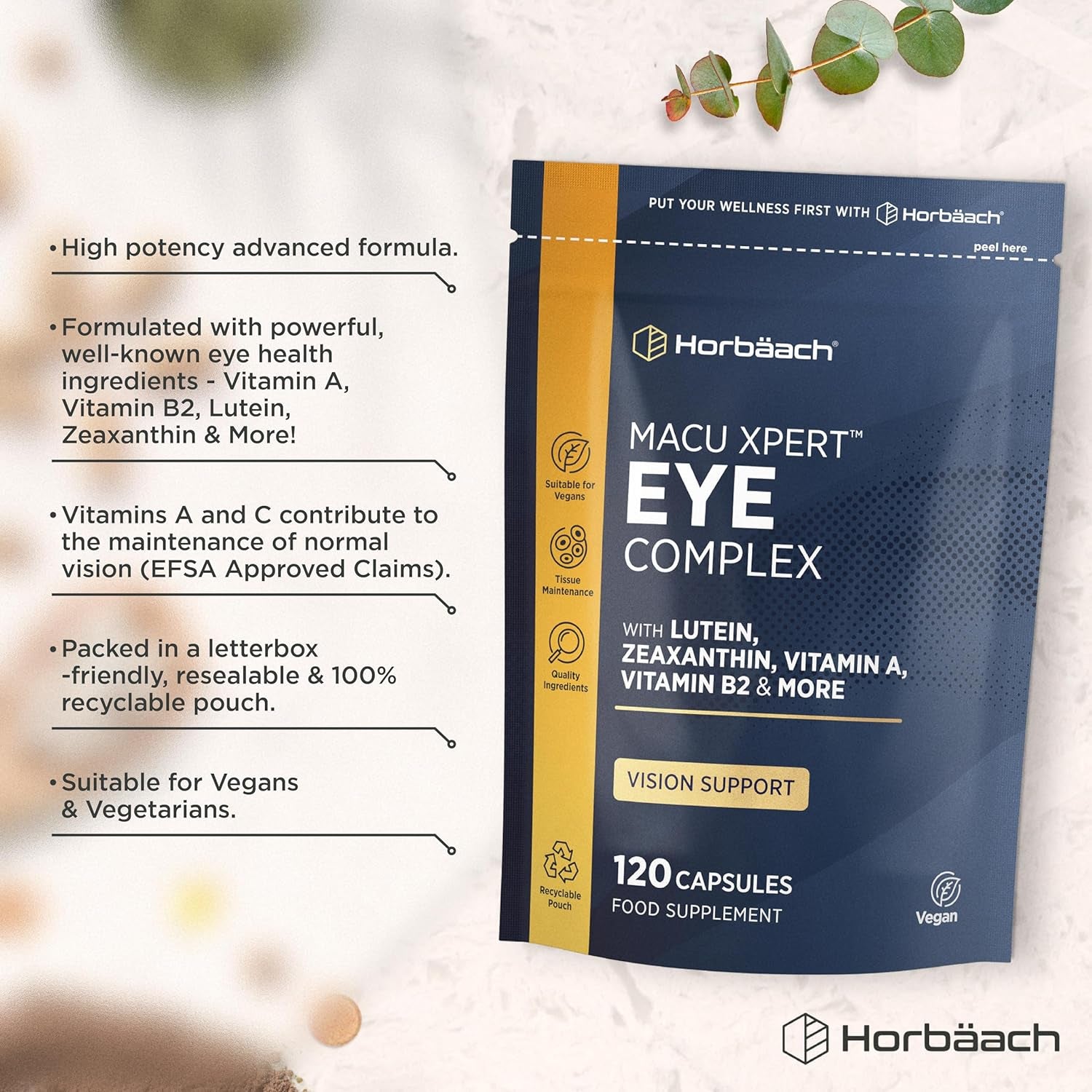 Lutein and Zeaxanthin Supplement for Eyes | High Strength Complex with Vitamin A, E, C, B2, Zinc, Copper and Beta Carotene | 120 Vegan Capsules | by Horbaach