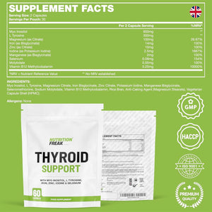 Thyroid Support Supplement - 60 Capsules - Includes Myo Inositol, L-Tyrosine, Iron, Magnesium, Zinc, Manganese, Selenium, Vitamin B12 - Contributes to the Reduction of Tiredness & Fatigue