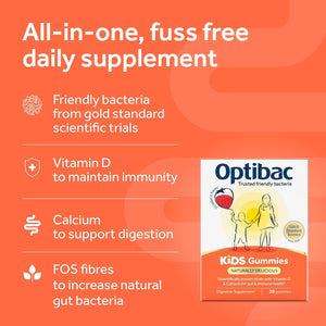 Optibac Kids Probiotic with Vitamin D & Calcium for Immune System Support & Gut Health and 2 Billion Bacterial Cultures - 30 Vegan Gummies