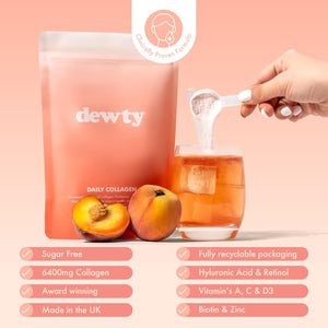 Dewty Collagen Powder - 6400Mg Peach Flavour Daily Collagen Supplement for Women - 6400Mg of Collagen with Hyaluronic Acid, Biotin & Retinol, Beneficial for Skin, Hair, Nails & Joints (28-Day Pouch)