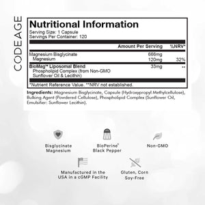 Codeage Liposomal Magnesium Glycinate Supplement, 4-Month Supply, Bisglycinate Magnesium Chelate, Chelated Magnesium Mineral Capsules, Bioavailable Non-Gmo Vegan Gluten-Free, 120 Capsules