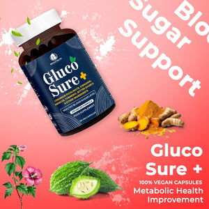Biovitalia Gluco Sure+ Blood Sugar Control Supplement Capsules with Chromium Picolinate Cinnamon Bitter Gourd Hibiscus for Healthy Blood Sugar Levels Vegan Glucose Support Supplement - 60 Capsules