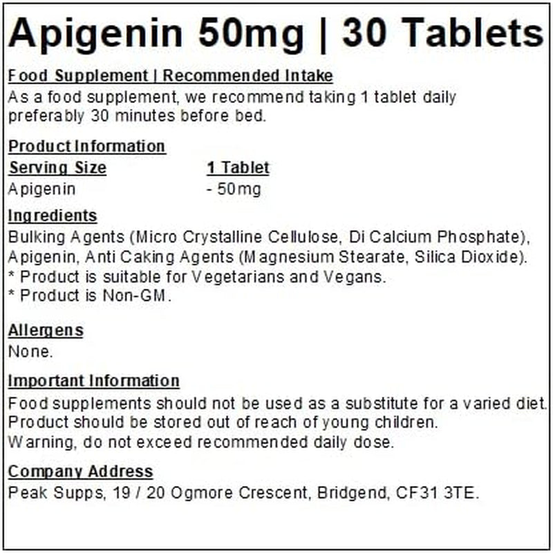 Apigenin 50Mg - 30 Tablets - Vegan - Pre-Bed - Non-Gm