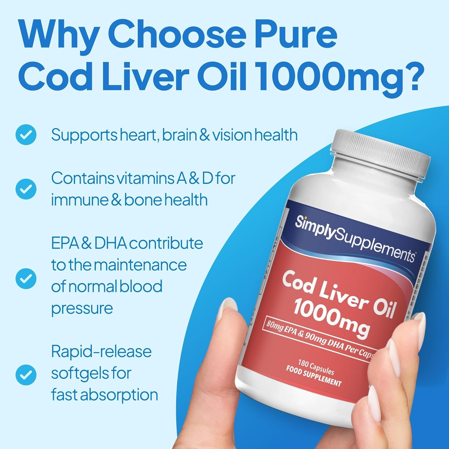 Pure Cod Liver Oil 1000Mg | Supports Heart, Brain, Vision & Immune Health | Rich in Omega 3 Fatty Acids | 240Mg of EPA and 270Mg of DHA per Serving | 180 Capsules = 2 Months' Supply | Made in the UK