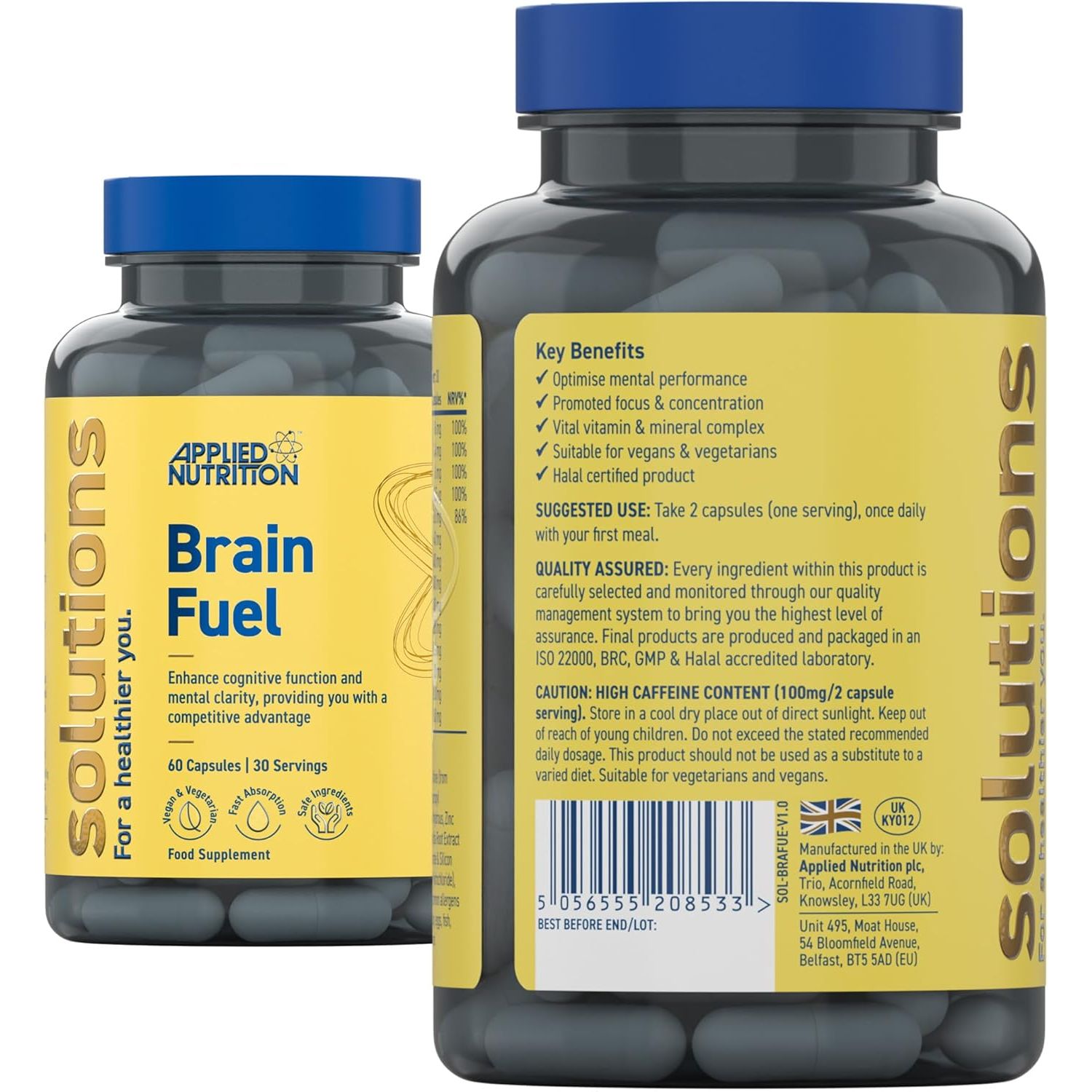 Applied Nutrition - Solutions - Brain Fuel - Capsules with Nootropics, Vitamins, & Panax Ginseng - Best Focus Booster - Enhances Mental Performance - (60 Capsules – 30 Servings)