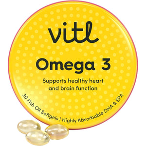 Vitl Omega 3 Fish Oil Supplement - 30 Easy to Swallow Softgel Capsules - Support Brain & Heart Health - 500Mg Fish Oil, 250Mg DHA & 50Mg EPA