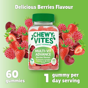 Chewy Vites Adult Multivitamin Advance, 60 Multivitamin Gummies, 12 Essential Nutrients, 2 Months Supply, Real Fruit Juice, Vegan, Berries Flavour