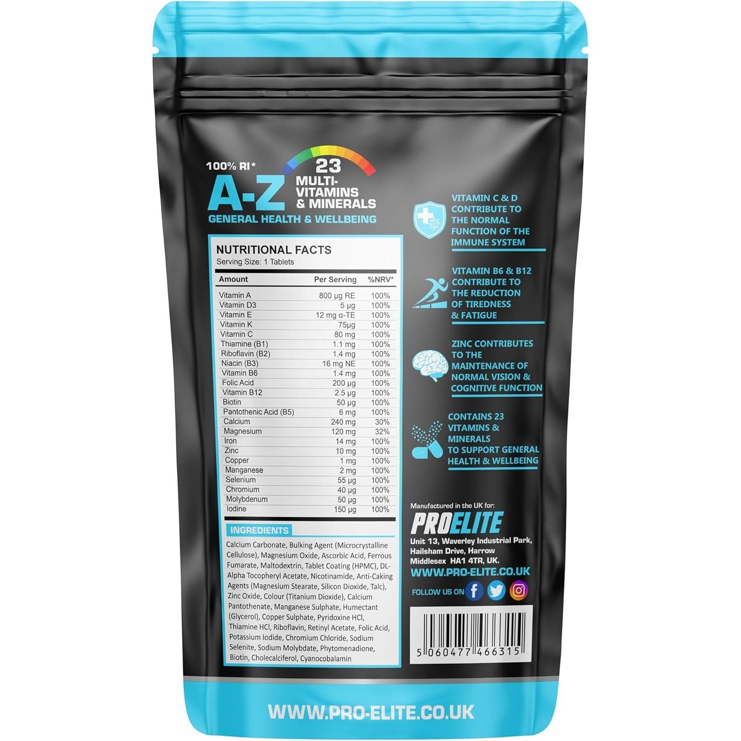 Multivitamins & Minerals - 365 Vegan Tablets - One a Day 100% RDA - 23 Essential Vitamins & Minerals in A-Z Multivitamin Tablet - Made in the UK by PROELITE