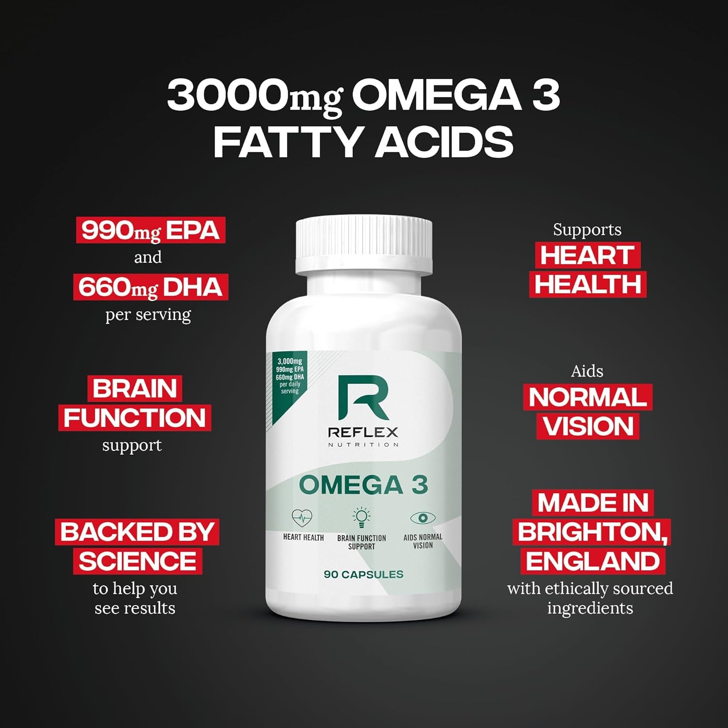 Reflex Nutrition Omega 3 - Omega 3 Capsules High Strength: 1000Mg Fish Oil Supplement with 330Mg EPA & 220Mg DHA - Support Heart Health & Brain Function - Maintain Normal Blood Pressure (90 Capsules)