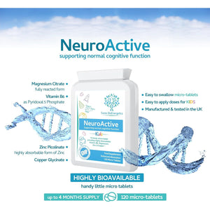 Neuroactive 120 Highly Bioavailable Micro-Tablets - Magnesium Citrate, Zinc Picolinate, Copper Glycinate & Vitamin B6 Balanced for Children and Adults - Vegan - UK Made