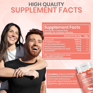 Norwegian Salmon Oil with Astaxanthin 1000Mg - 4 Months / 120 Days Supply - Pink Peptide Omega 3 6 9 Capsules High Strength - Rich in EPA, DHA & DPA, Burpless Taste