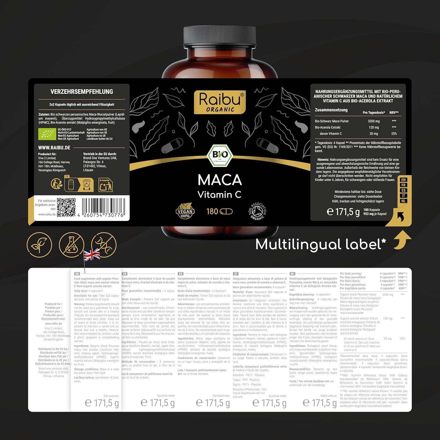 Organic Black Maca Root Capsules - High Strength Peruvian Maca Root (No Extract, Whole Root) - 3200Mg Daily Dose, 180 Vegan Capsules - with Vitamin C from Acerola - UK Quality Standards