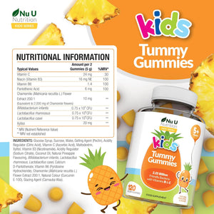 Kids Tummy Gummies - Friendly Probiotics for Children - 120 Vegan Vitamin Gummies - Pineapple Flavour - Lactobacillus and Bifidobacterium & Vitamin B3, B5, B6 & C for Gut Health - Nu U Nutrition