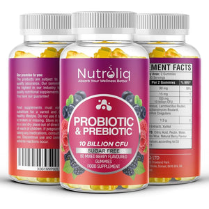 Nutroliq Prebiotic & Probiotic Sugar-Free Gummies - Gut Health Supplements for Women, Men, Kids to Support Digestive System, Immune System Booster - 10 Billion CFU per Serving, Vegan - 60 Gummies