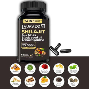 Aurazon Pure Himilayan Shilajit Enriched with Ashwagandha,Sea Moss,Black Seed Oil & Rhodiola Rosea, High Strength 23500 Mg Shilajit Complex Capsules with 2 Months Supply for Both Men and Women
