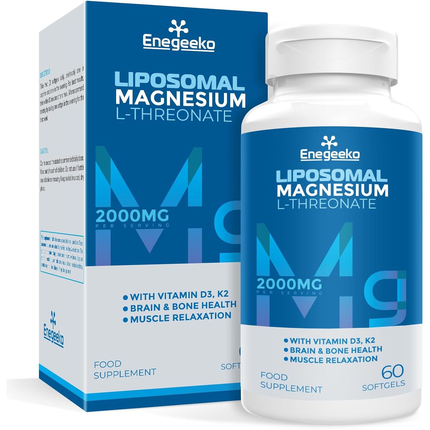 Liposomal Magnesium Softgels 2000Mg - Magnesium Supplement with Vitamin D3 & K2 Non-Gmo, Gluten-Free 60 Softgels