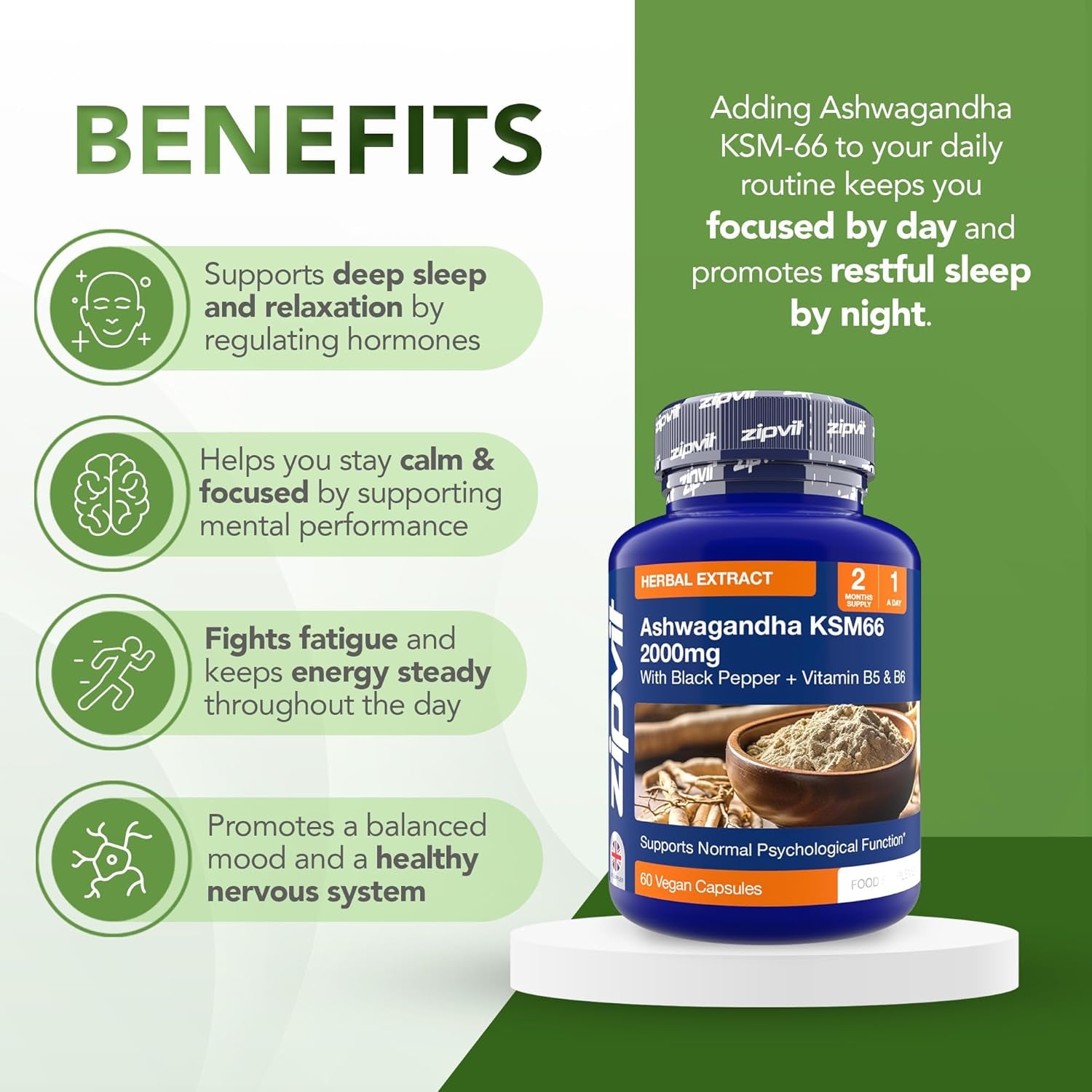 Zipvit Ashwagandha KSM 66 2000 Mg with Vitamin B6, B5 & Black Pepper, High Strength Ashwagandha Root Extract, 60 Vegan Capsules, 2 Months Supply