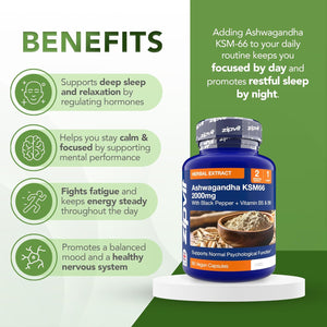 Zipvit Ashwagandha KSM 66 2000 Mg with Vitamin B6, B5 & Black Pepper, High Strength Ashwagandha Root Extract, 60 Vegan Capsules, 2 Months Supply