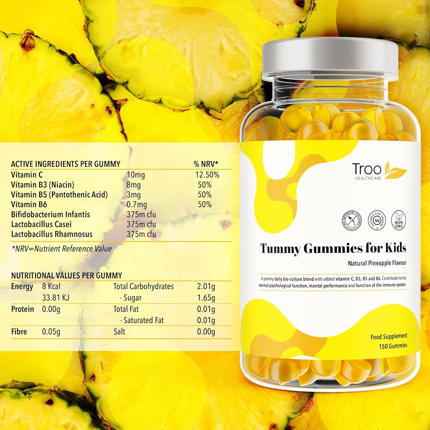 Troo Health Care Tummy Gummies Probiotics with Vitamins for Kids & Adults - 150 Natural Pineapple Active Bacteria Gummies with Vitamin C, B3, B5 & B6 to Support Immune Function & Mental Development
