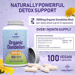 Organic Dandelion Root Capsules - 2000Mg - 100 Capsules - High Strength for Bloating & Water Retention- Fluid Balance with High Absorption- Supports Liver Detox & Fluid Balance - Fuelfinity® - Vegan