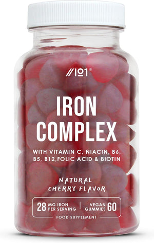 Iron 28Mg Gummies with Vitamin C, Niacin, Vitamin B6, B5, B12, Folic Acid & Biotin – 60 Vegan Gummies – Tapioca Base – Cherry Flavour – by Alpha01