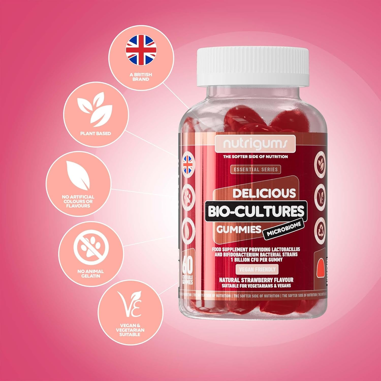Bio-Cultures Microbiome Complex Gummy | 12 Multi-Strain Probiotics 1 Billion CFU | Acidophilus & Bifidobacterium | Strawberry Flavour | 60 Vegan Gummies | Support Wellbeing & Gut Heath by NUTRIGUMS®