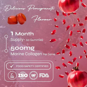 Known Delicious Marine Collagen Gummies - 500Mg Collagen, Vitamin A, C - Skin Support - Natural Pomegranate Flavour - 60 Gummies, 2 Months Supply