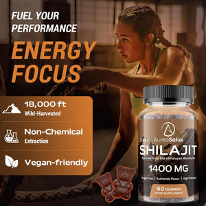 Shilajit Gummies 1400Mg – Pure Himalayan Complex with Ashwagandha, Chaga, Fulvic Acid & 85+ Trace Minerals – Vegan & Sugar-Free – 60 Gummies