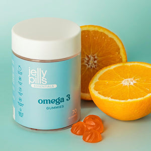 Jelly Pills® Concentrated Omega 3 Gummies (DHA + BCAA) and B Group Vitamins - 70 Orange Flavoured Vegan Gummies - No Added Sugars - for Children & Adults