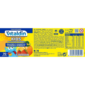VITALDIN Kids Multivitamin Gummies – Food Supplement for Children with 11 Essential Vitamins & Minerals – 70 Chewable Gummies (1-Month Supply); Fruit Flavour – Vitality & Immune System – Gluten Free