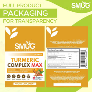 Turmeric Complex MAX 2000Mg with Ginger & Black Pepper - British Made by SMUG Supplements - 120 Vegan Tablets - 3-In-1 Blend - Suitable for Men and Women
