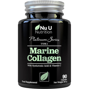 Marine Collagen with Hyaluronic Acid, Vitamin C - 90 Hydrolyzed Capsules (Not Tablets) - Premium High Strength Collagen Supplements for Women & Men - Type 1 Marine Collagen - Nu U Nutrition