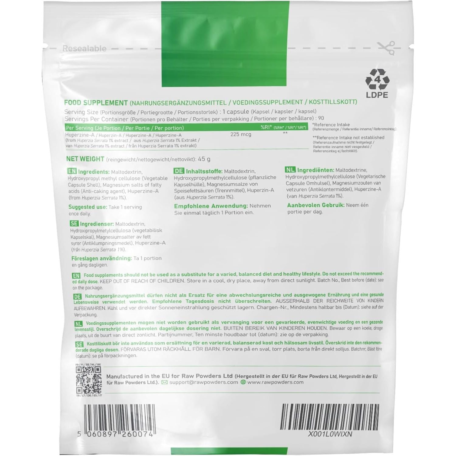 Huperzine a 225Mcg, 90 Caps – Memory & Cognitive Support – Pure Ingredients, GMO & Gluten Free – GMP Certified Nootropic Supplement by Raw Powders