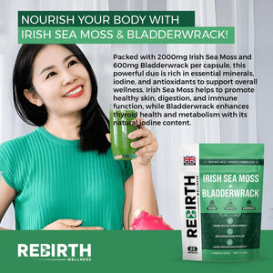Sea Moss and Bladderwrack - 60 High Strength Capsules - 2 Month Supply - Vegan Friendly -No Synthetic Fillers or Binders - Made in the UK - Rebirth Wellness