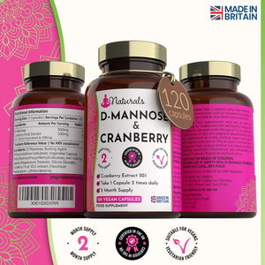 120 D-Mannose and Cranberry Capsules - (2 Months Supply) 1000Mg Extract per Serving - UK Made Vegan Supplement (Not Tablets) - High Strength Natural UTI Support for Women & Men