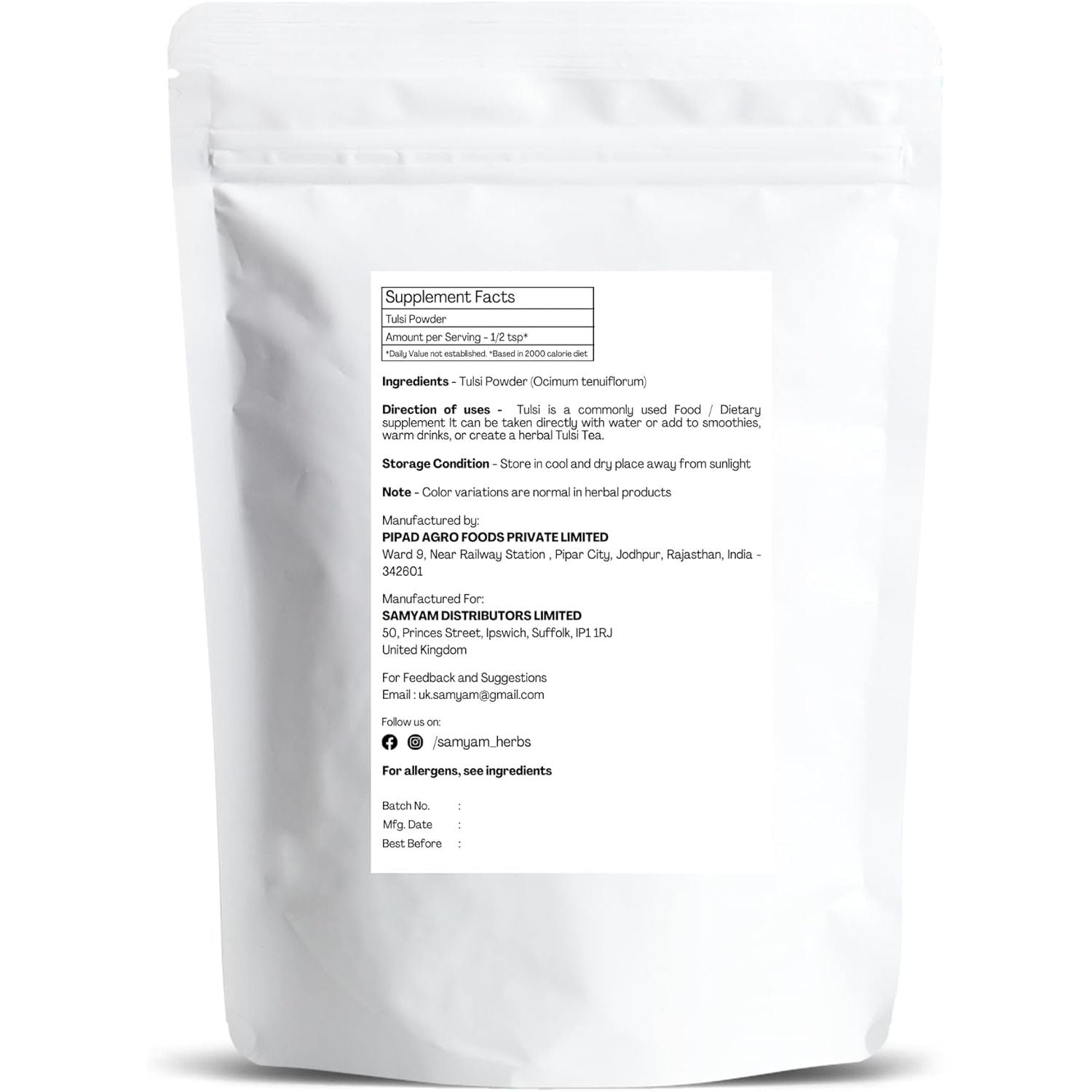 Samyam Tulsi Leaves Powder (Ocimum Tenuiflorum) - 200G (7.05Oz) Pack | Holy Basil Leaves