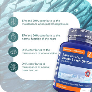 Omega 3 Fish Oil 2000Mg, EPA 660Mg DHA 440Mg per Daily Serving. 120 Capsules (2 Months Supply). Supports Heart, Brain Function and Eye Health. 2 Capsules per Serving